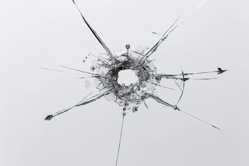 Bullet hole in a clear glass pane with radial cracks centered on impact point