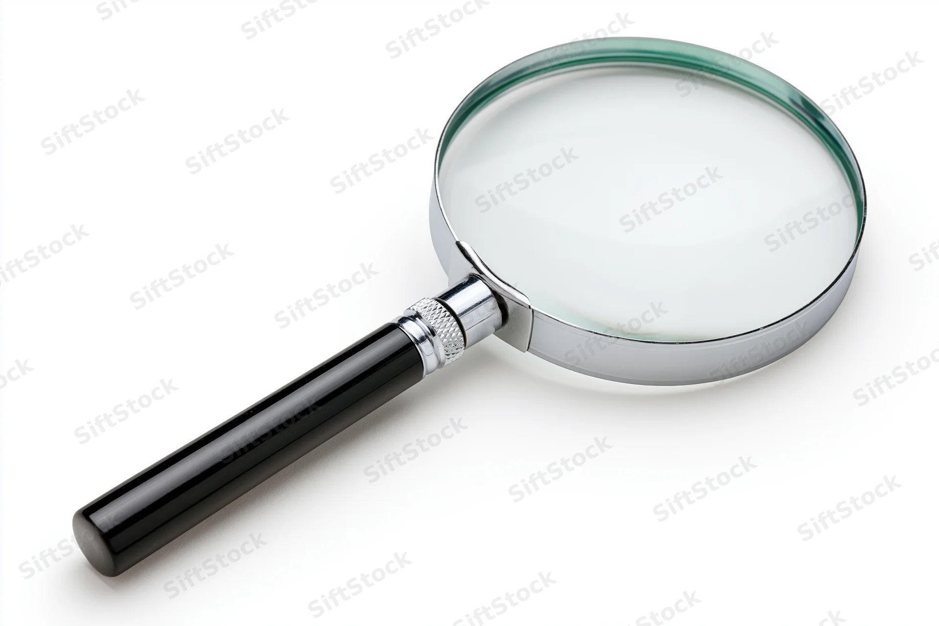 Classic magnifying glass with black handle and silver chrome frame on white background