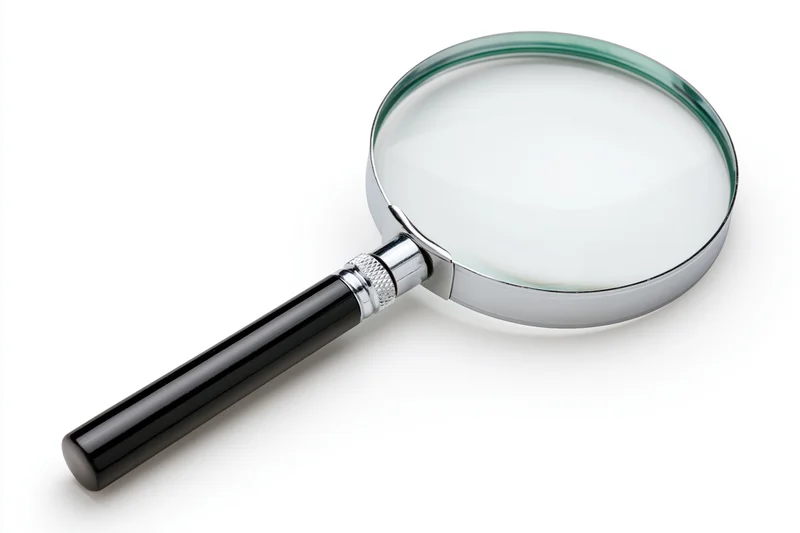 Classic magnifying glass with black handle and silver chrome frame on white background