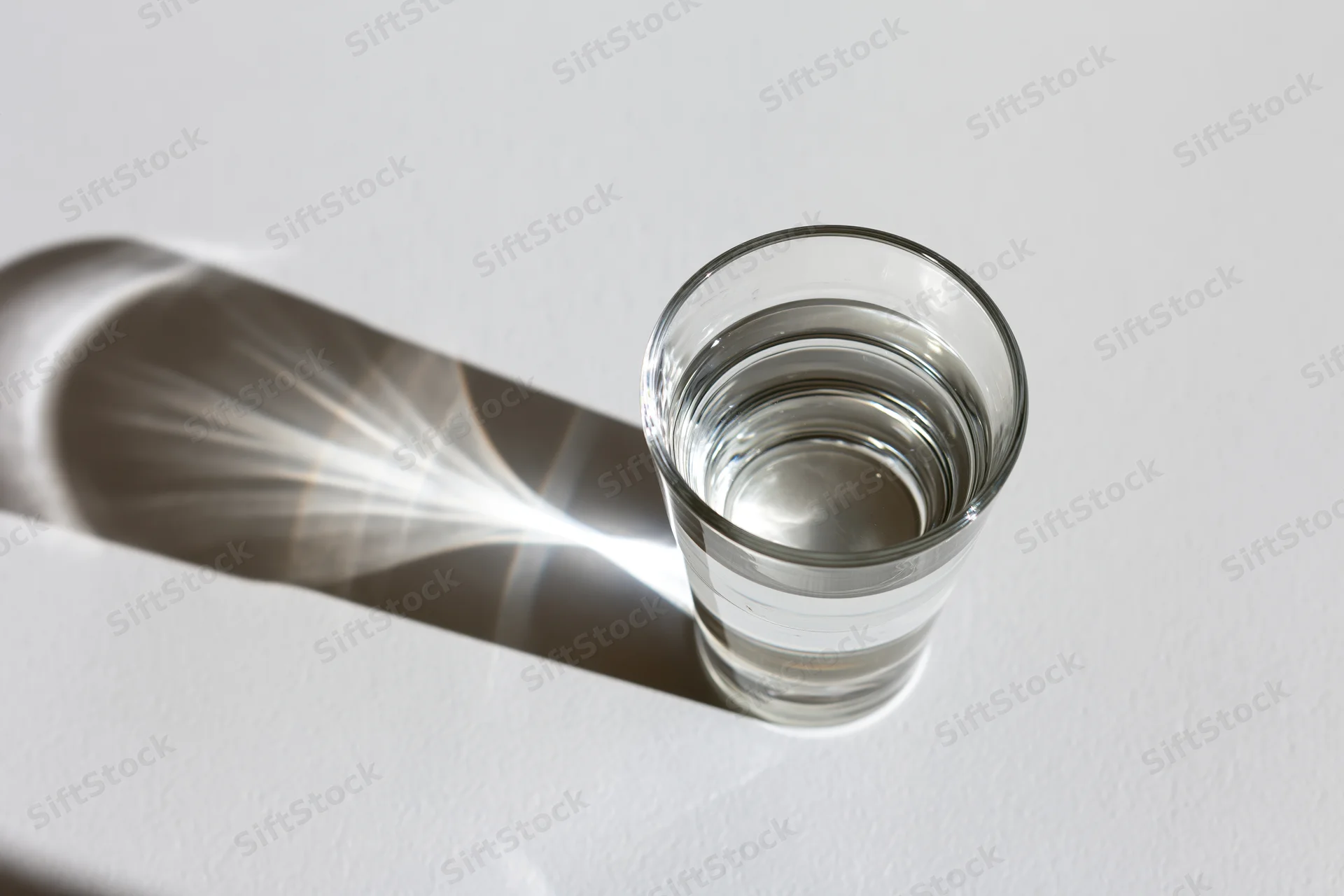 Clear glass filled with water casting a refracted shadow on a white surface