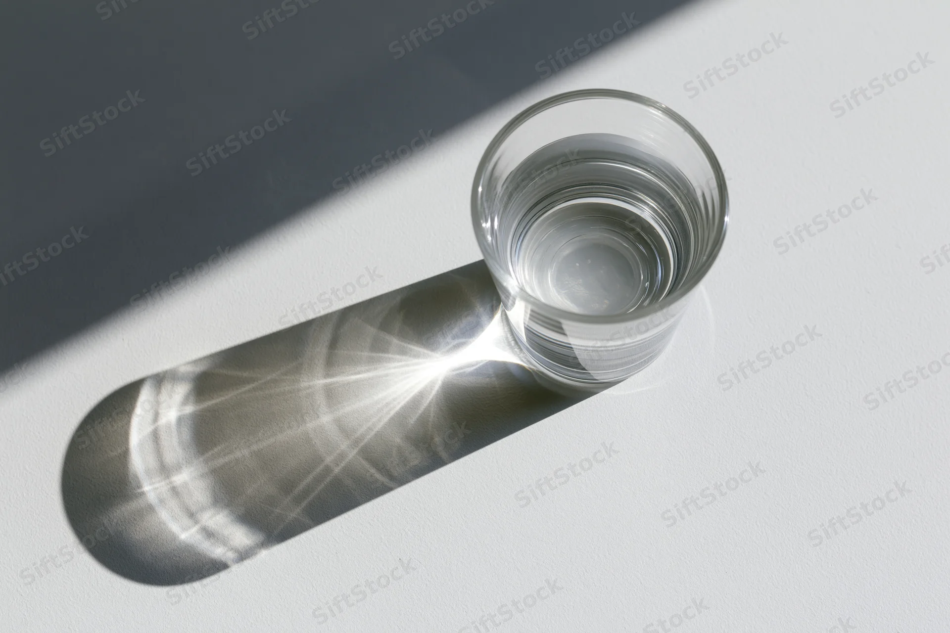 Clear drinking glass filled with water casting a refracted shadow on a white surface under direct sunlight