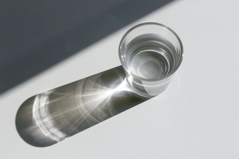 Clear drinking glass filled with water casting a refracted shadow on a white surface under direct sunlight