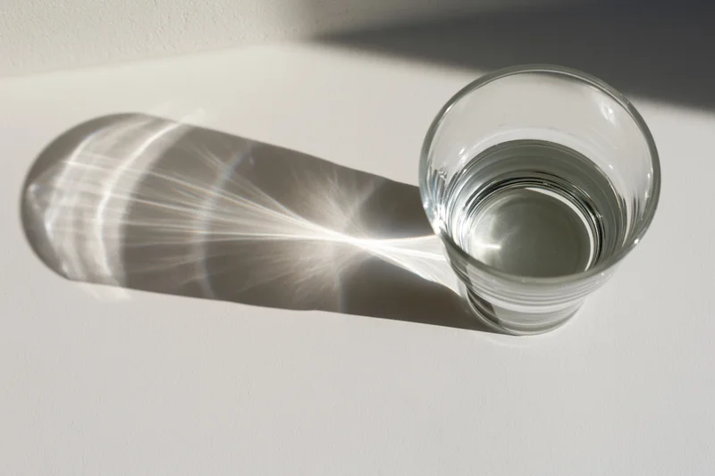 Clear drinking glass filled with water casting a refracted light shadow on a white surface