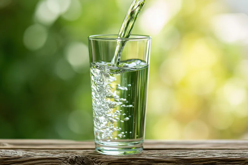 Clear water being poured into a tall glass on a wooden table outdoors