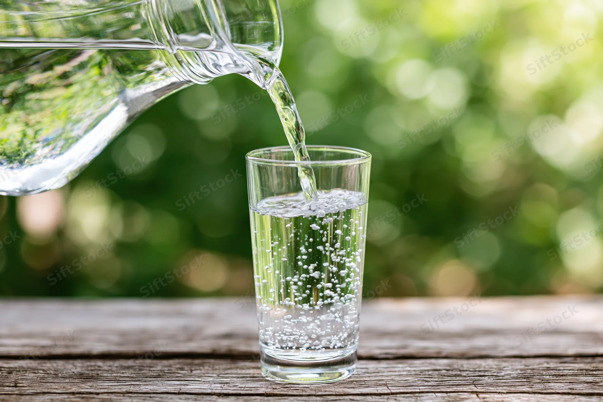 Clear water pouring from a glass pitcher into a tall drinking glass on a wooden table outdoors