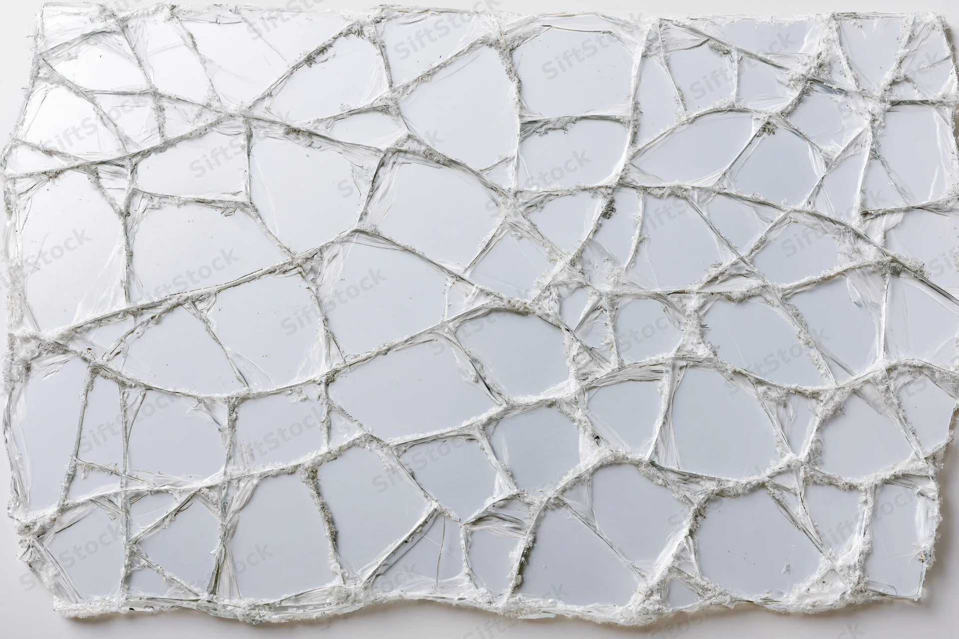 Shattered glass pane with spiderweb cracks forming an abstract fragmented pattern on a white surface