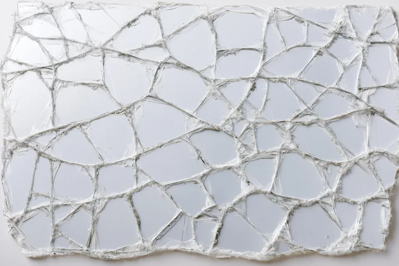 Shattered glass pane with spiderweb cracks forming an abstract fragmented pattern on a white surface