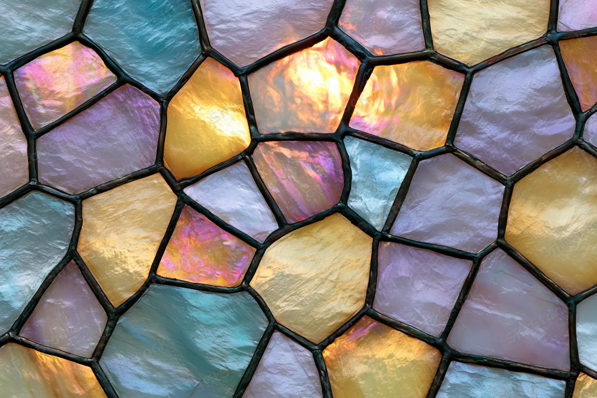 Close-up of an iridescent stained glass mosaic panel arranged in a geometric pattern with leaded edges and varied colors