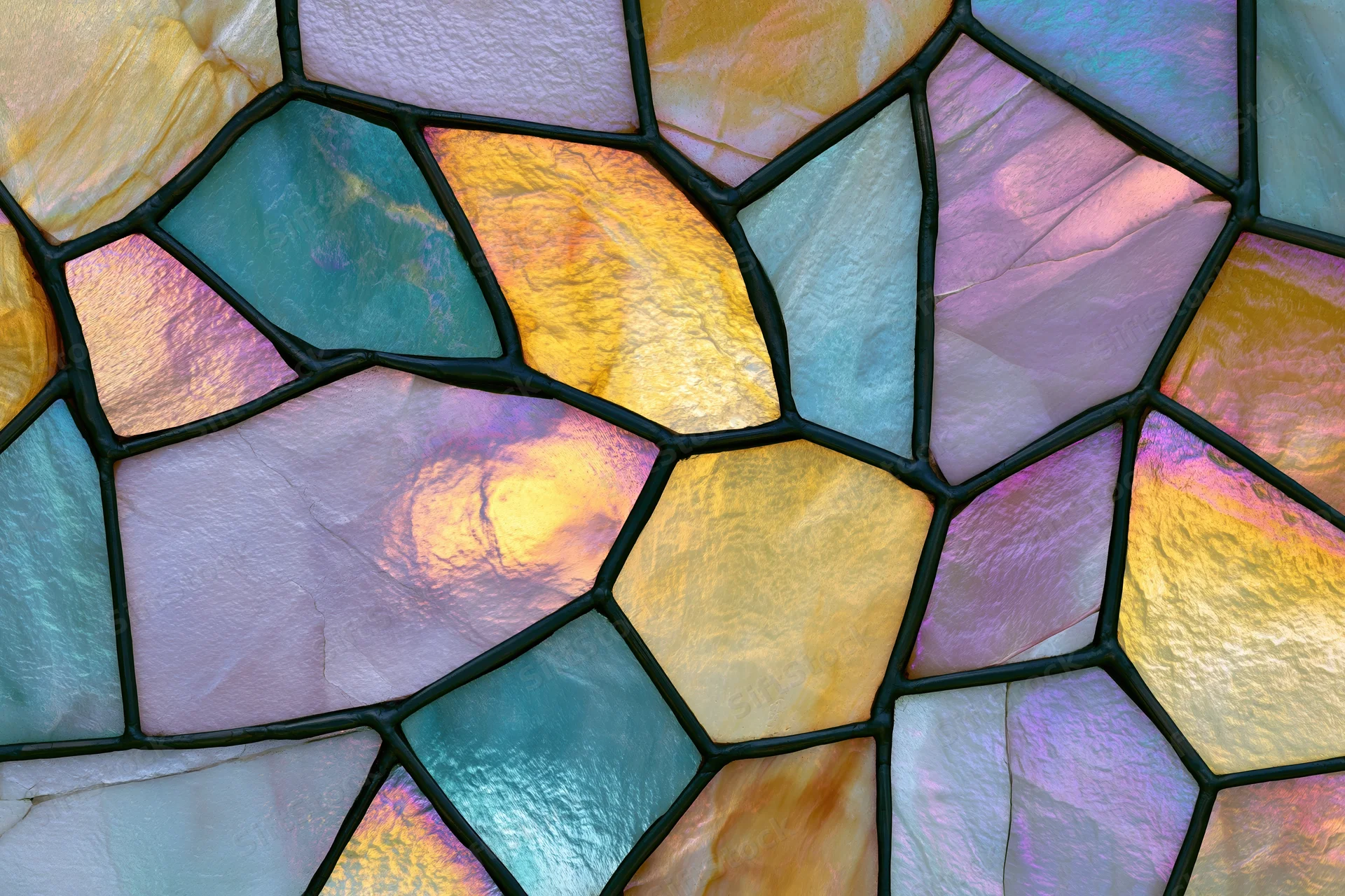Close-up flat lay of an iridescent stained glass mosaic panel with geometric shapes and vibrant colors