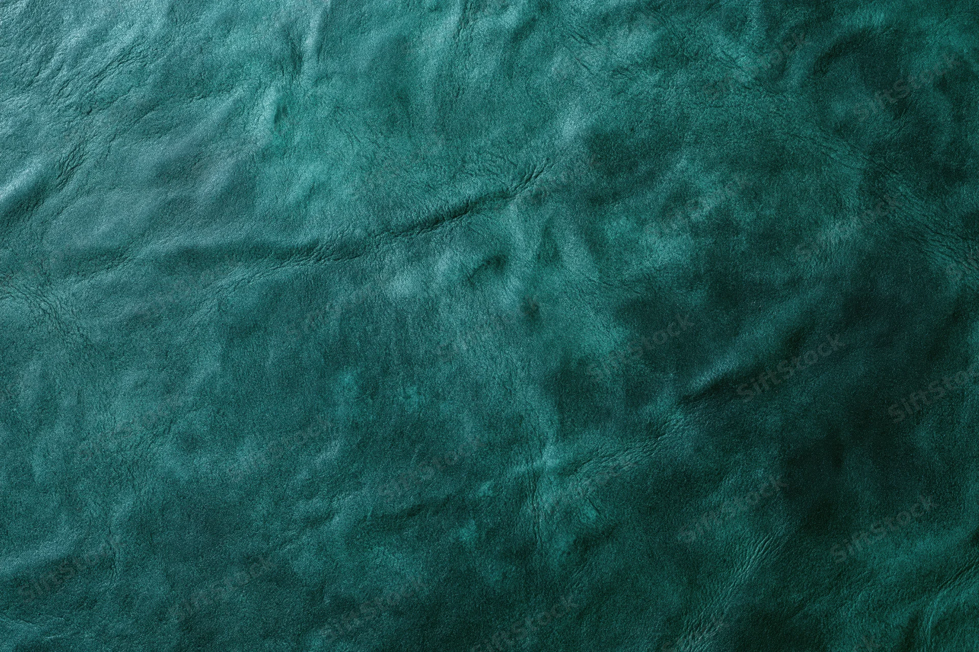 Close-up flat lay of dark forest green leather or suede surface showing natural texture and wrinkles