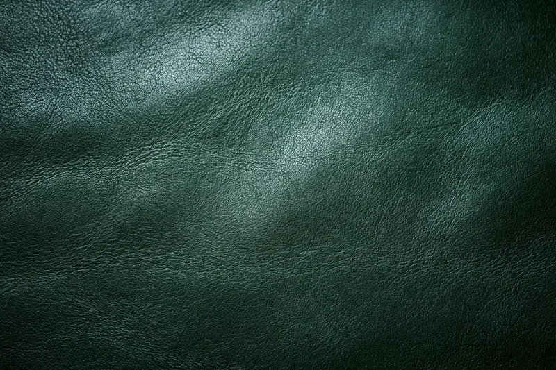 Dark forest green leather surface in close-up flat lay arrangement