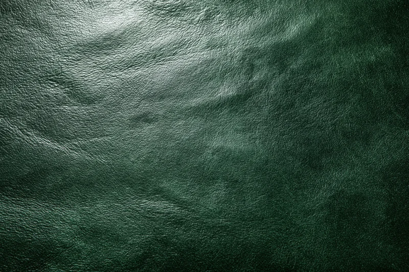 Close-up flat lay of dark forest green leather surface filling frame