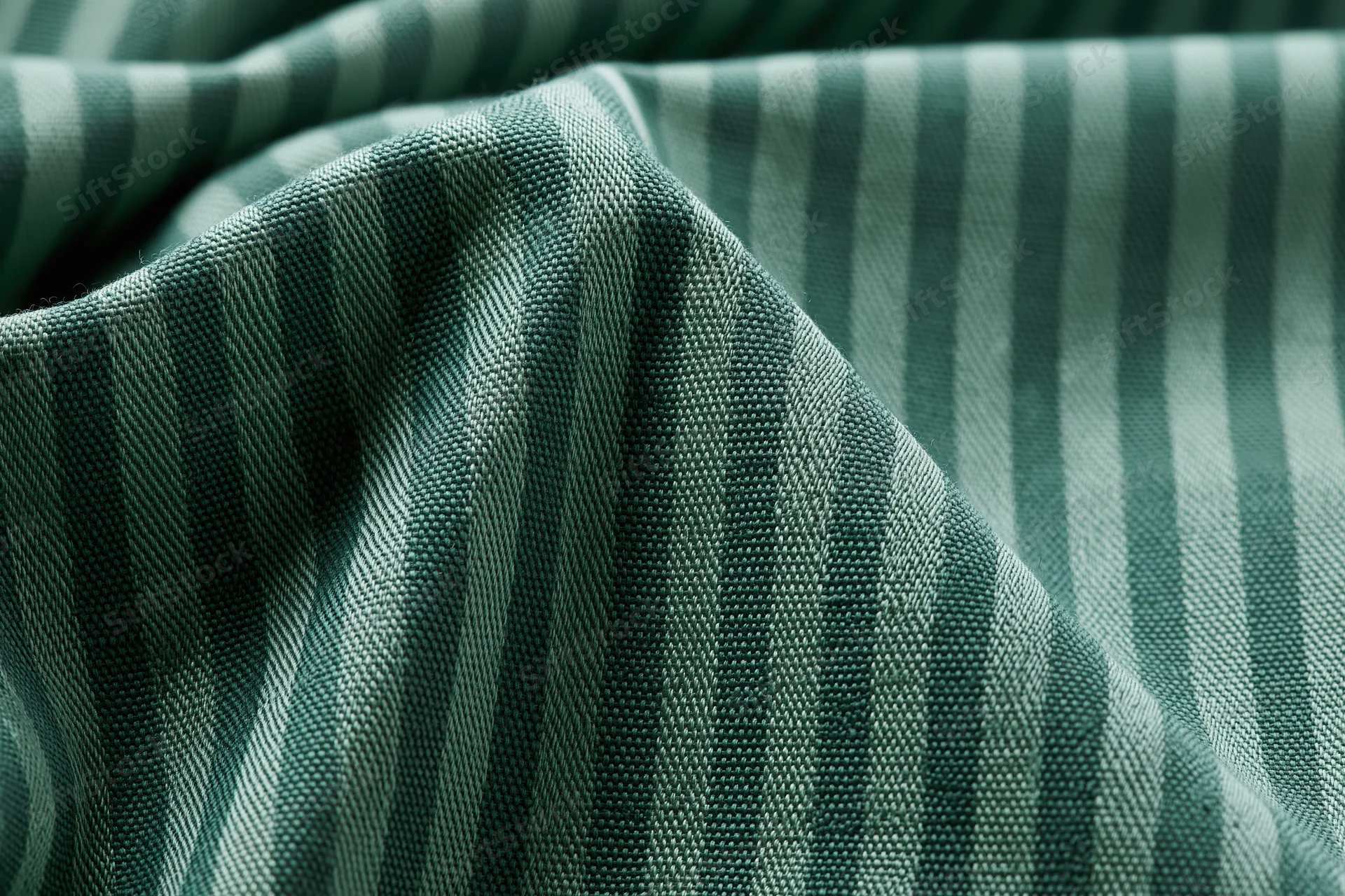 Close-up of green striped fabric textile with visible weave pattern filling the frame in a flat lay arrangement