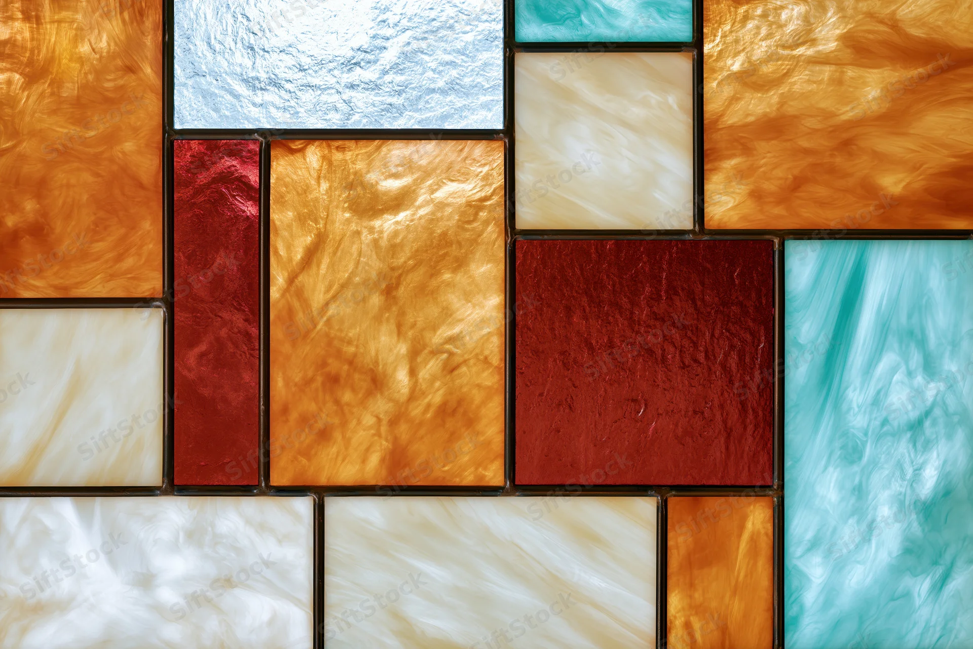 Stained glass window panel arranged in a mosaic pattern with colorful translucent tiles