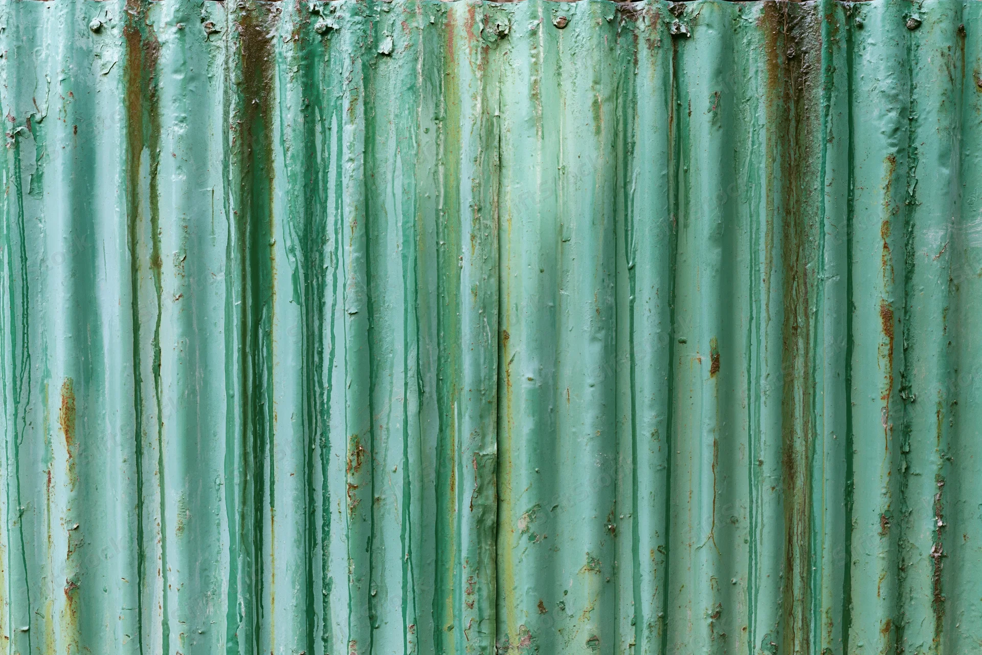 Weathered green corrugated metal fence panel with rust and peeling paint
