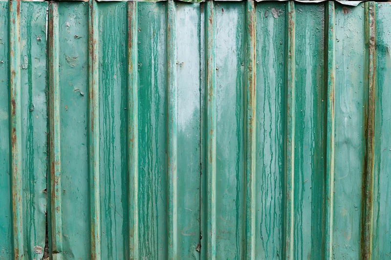 Weathered green corrugated metal fence panel with rust and peeling paint, outdoor industrial barrier
