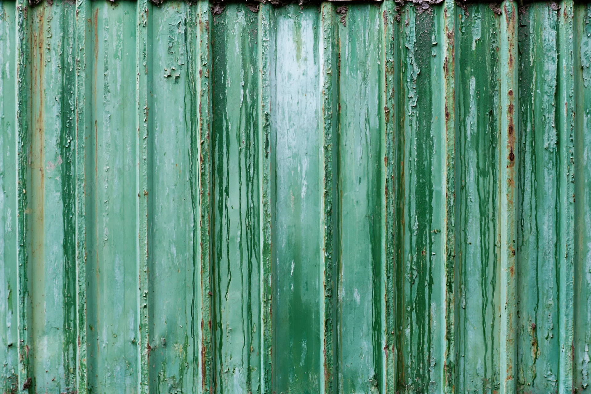 Weathered green corrugated metal fence panel with peeling paint and rust streaks