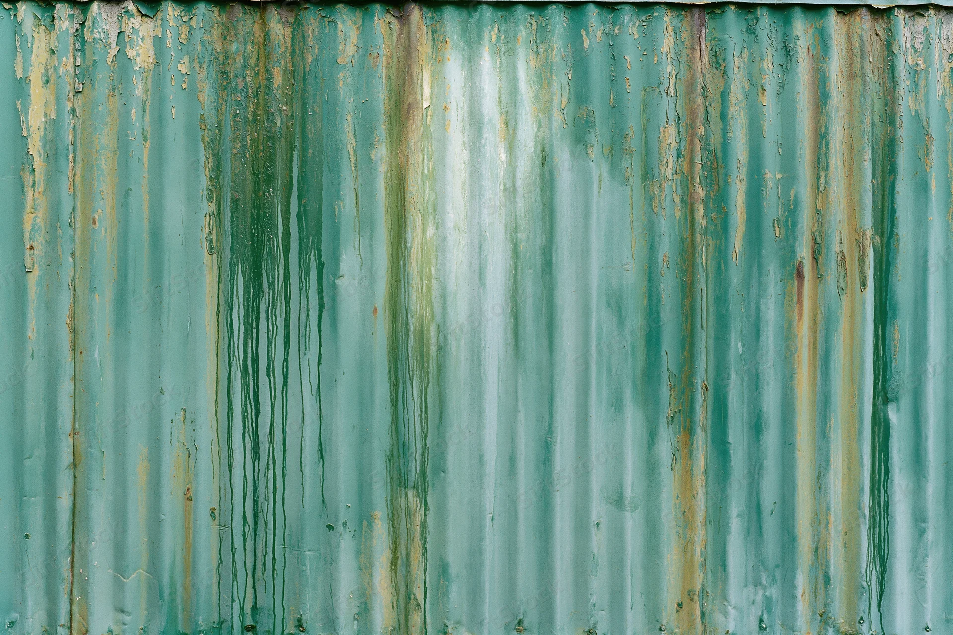 Weathered corrugated metal fence panel with peeling teal paint and rust streaks