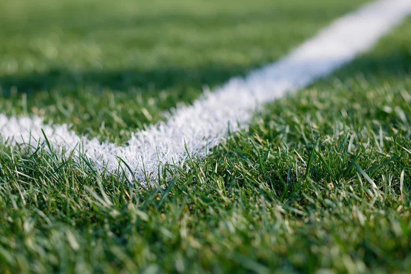 Close-up ground-level view of white corner marking line on green football pitch grass