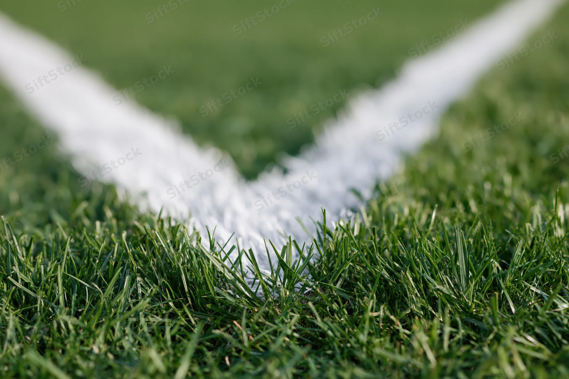 Close-up of white corner marking lines on green football pitch grass