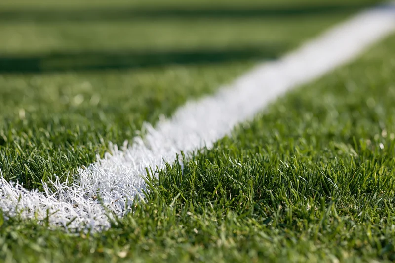 Close-up of white corner line marking on a green football pitch grass surface