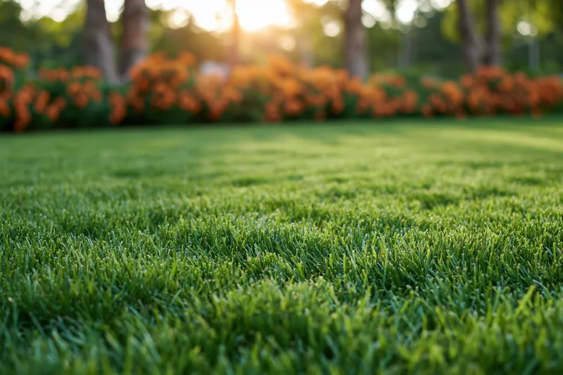 Close-up view of freshly mowed green lawn in a garden at sunset with blurred trees and orange flowers in background