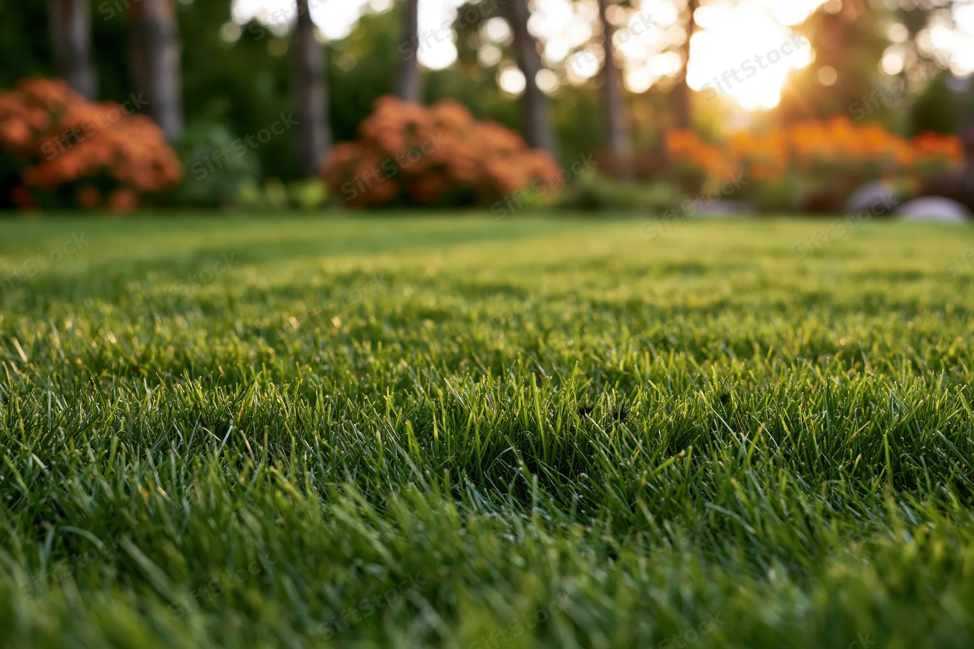 Close-up ground-level view of freshly mowed green lawn in a garden at sunset with blurred trees and orange foliage in background