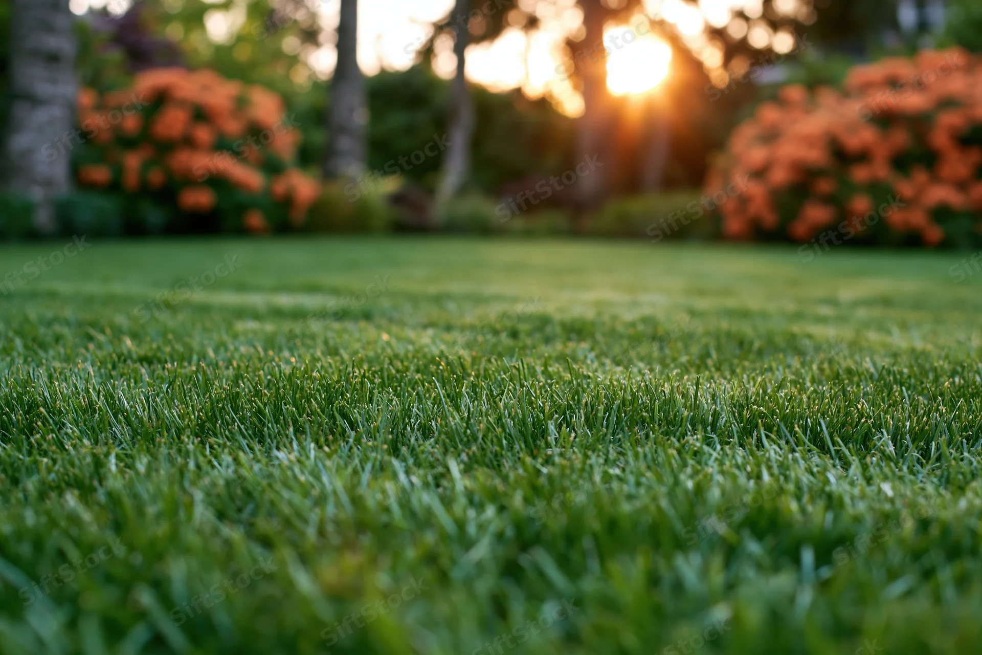 Close-up ground-level view of a freshly mowed green lawn in a garden at sunset with blurred trees and orange flowering shrubs in the background
