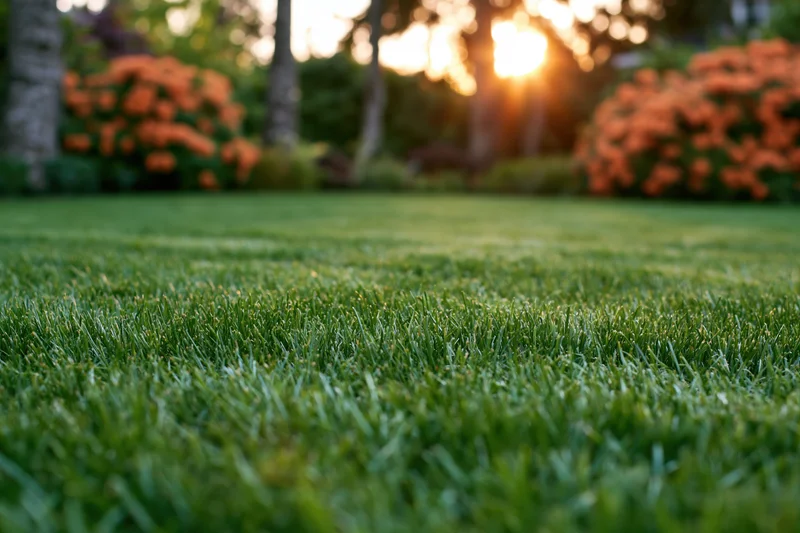 Close-up ground-level view of a freshly mowed green lawn in a garden at sunset with blurred trees and orange flowering shrubs in the background