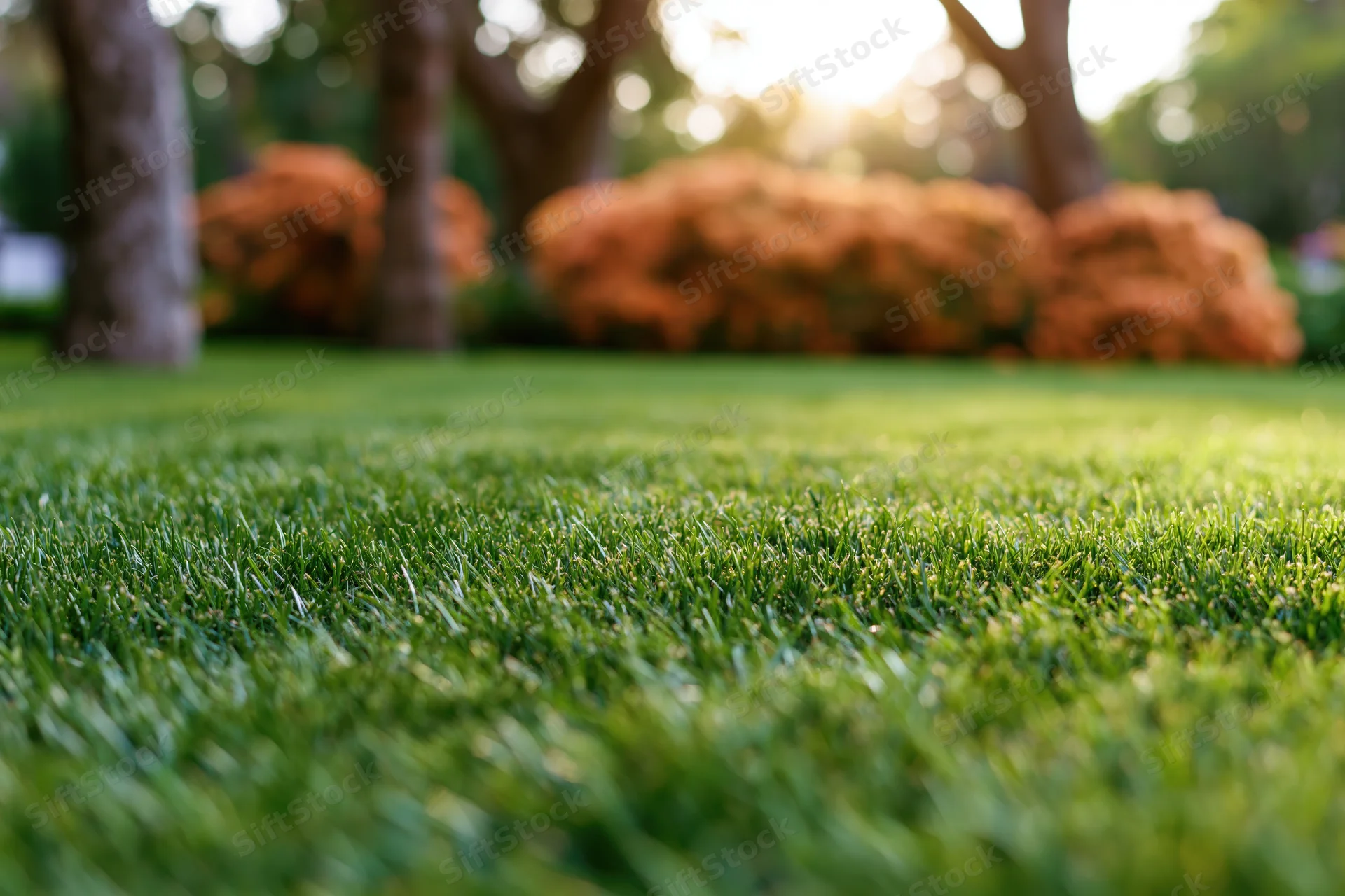 Close-up ground-level view of freshly mowed green lawn in a park with blurred trees and autumn shrubs in the background