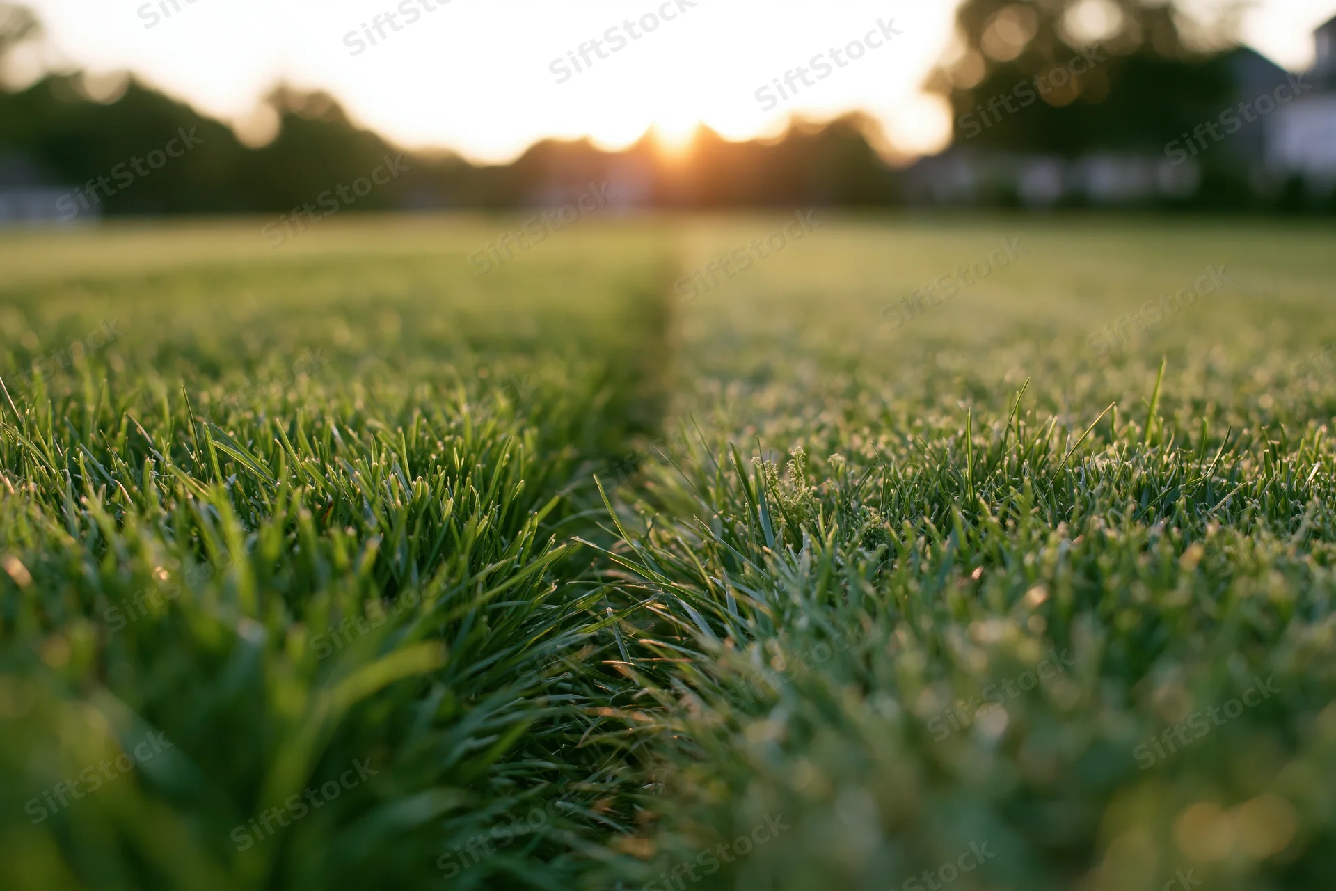 Close-up ground-level view of a freshly mowed lawn showing a straight cut line dividing the grass with blurred background of trees and houses at sunrise