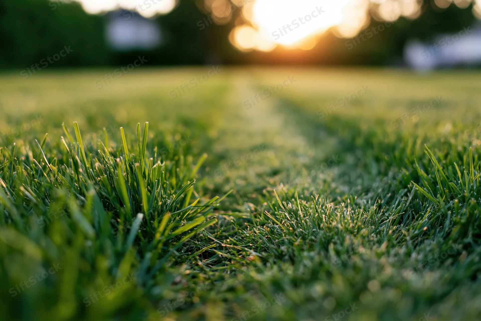 Close-up ground-level view of freshly mowed grass blades in a lawn at sunset