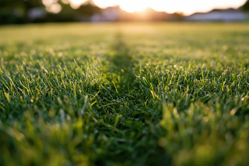 Close-up ground-level view of freshly mowed green lawn with sunlight and bokeh background