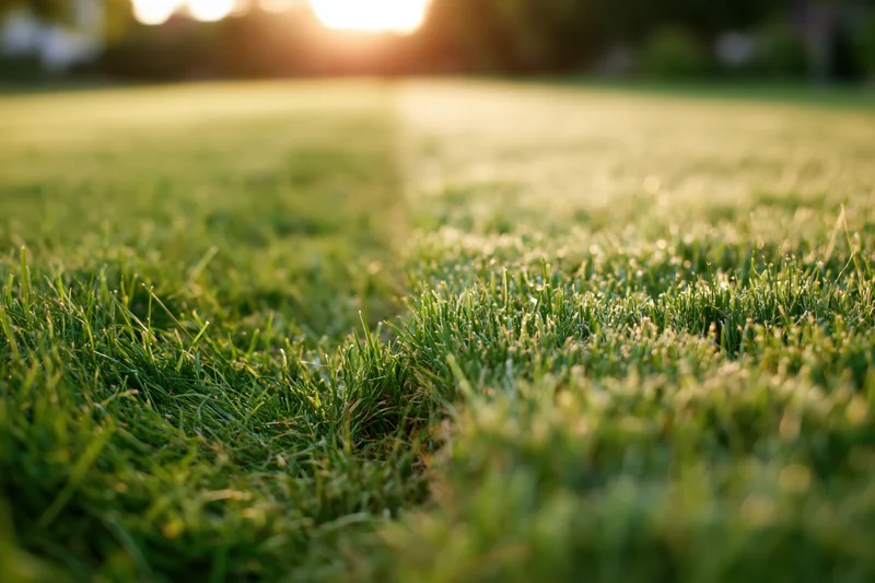 Close-up ground-level view of freshly mowed green lawn in morning sunlight
