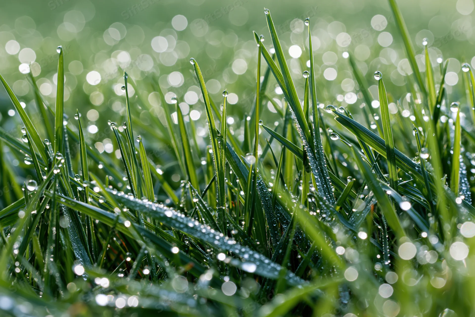 Close-up of green grass blades covered in dew drops under morning sunlight