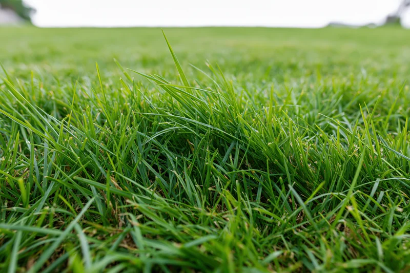Close-up ground-level view of dense slightly uneven green lawn grass in a natural outdoor setting