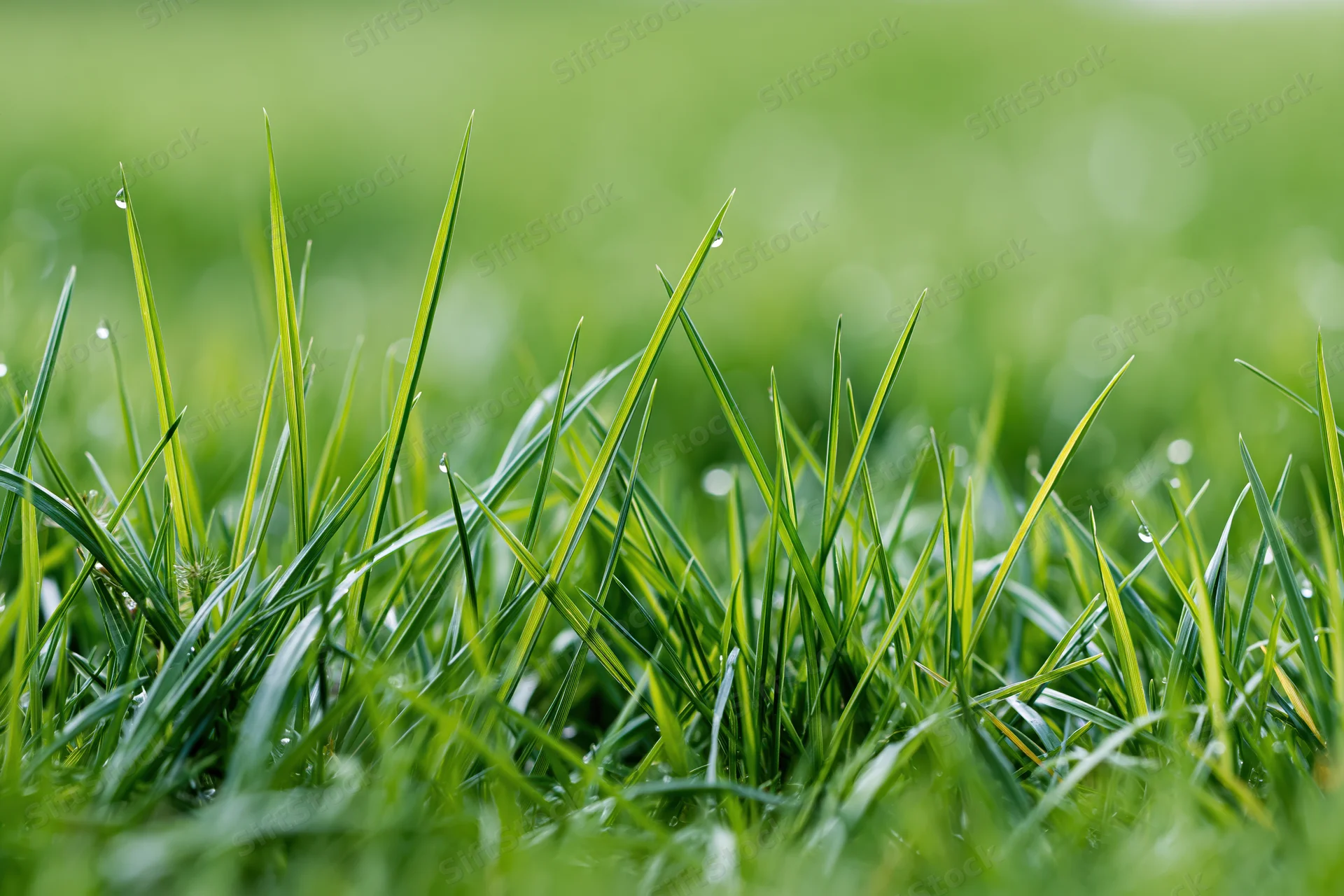Close-up of fresh green grass blades with dew drops on a lawn in morning light