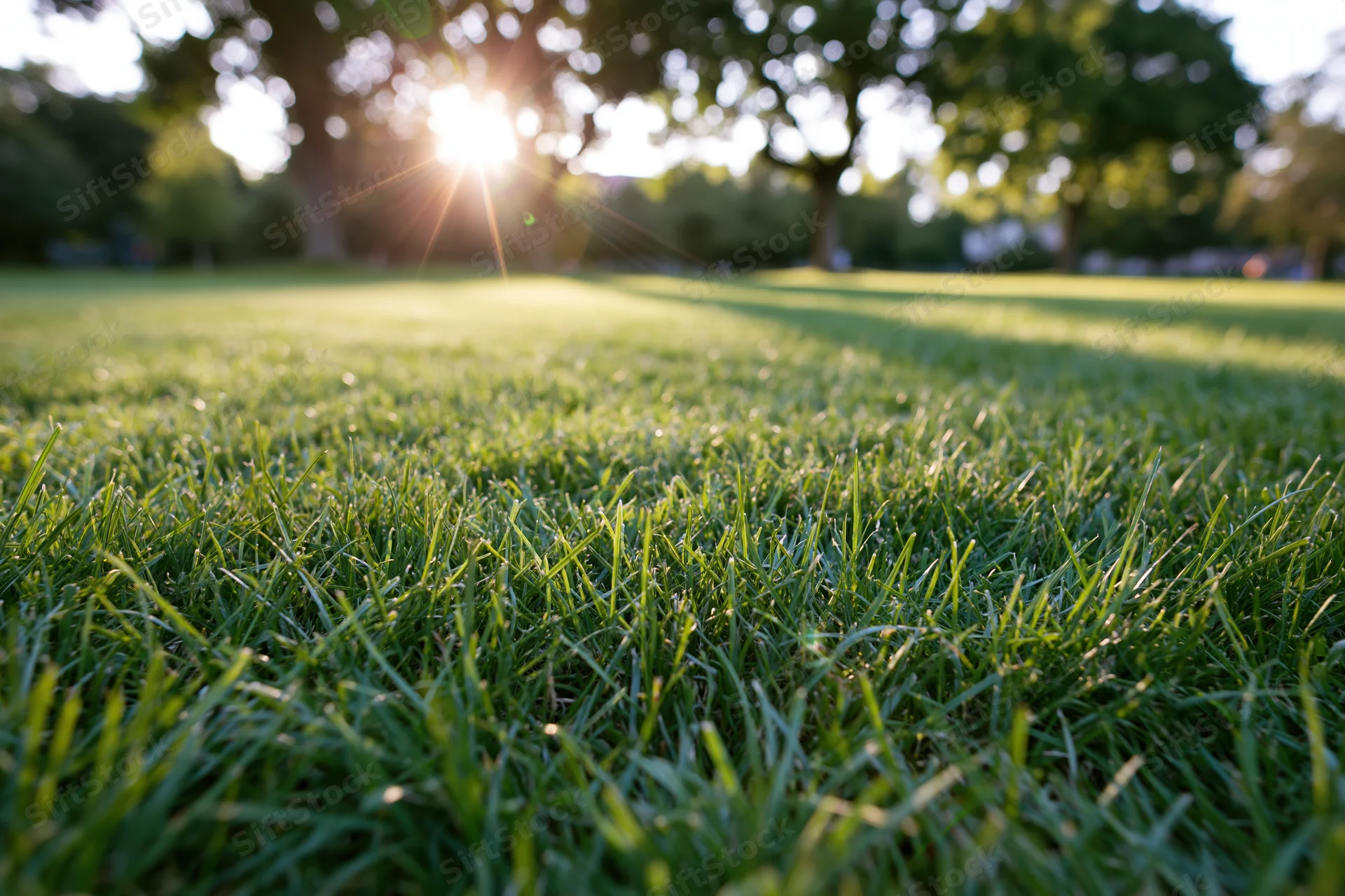Close-up ground-level view of freshly cut green grass in a sunlit park with blurred trees in the background