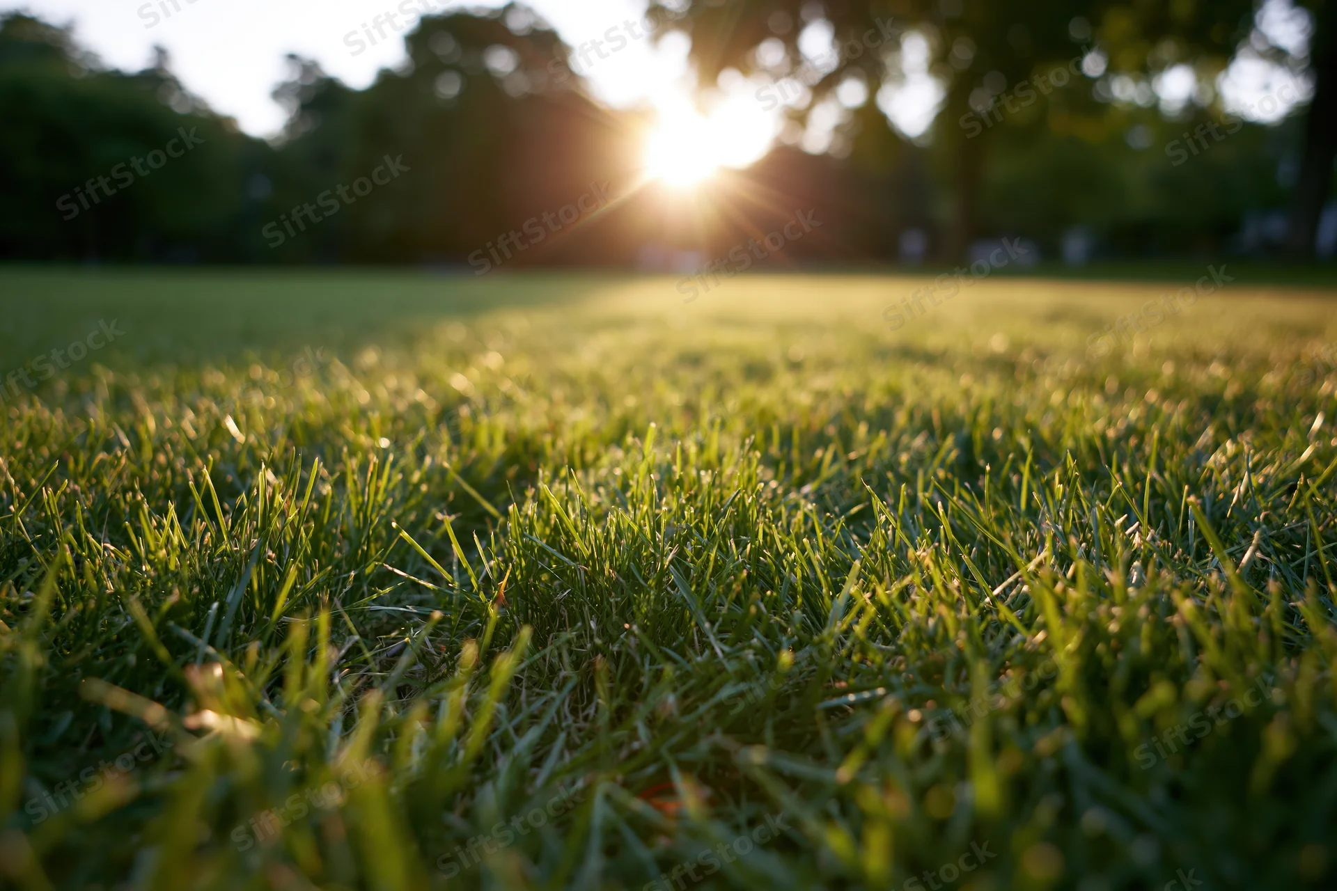 Close-up ground-level view of freshly cut green grass in a sunlit park with blurred trees in the background