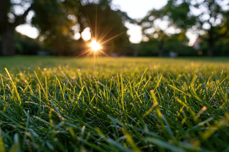 Close-up ground-level view of freshly cut green grass in a sunlit park with blurred trees in the background