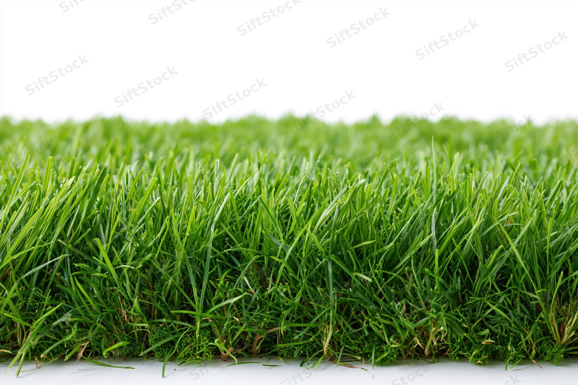 Dense neatly trimmed green grass viewed from low angle against white background