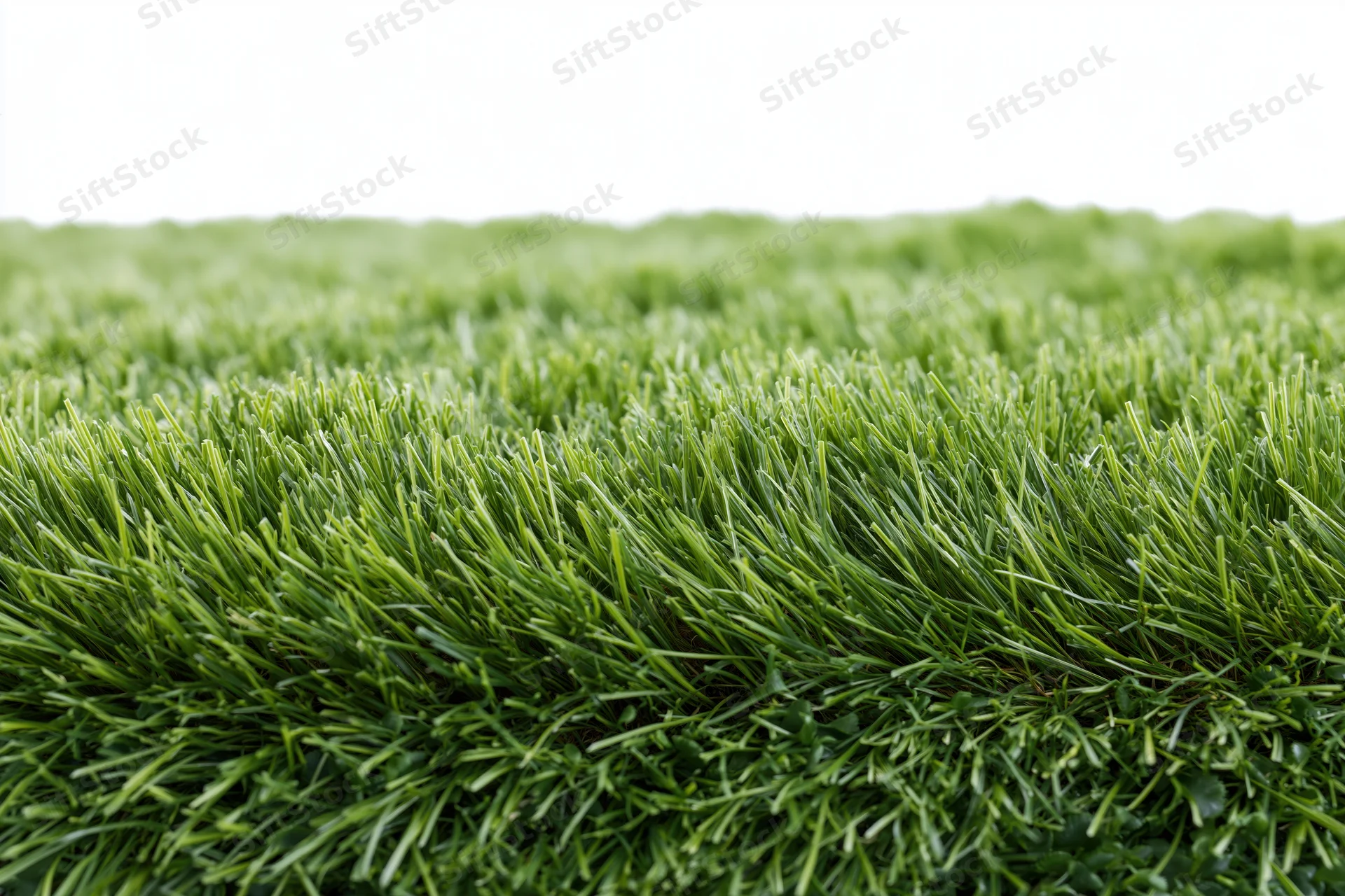 Dense neatly trimmed green grass viewed from low angle in outdoor setting