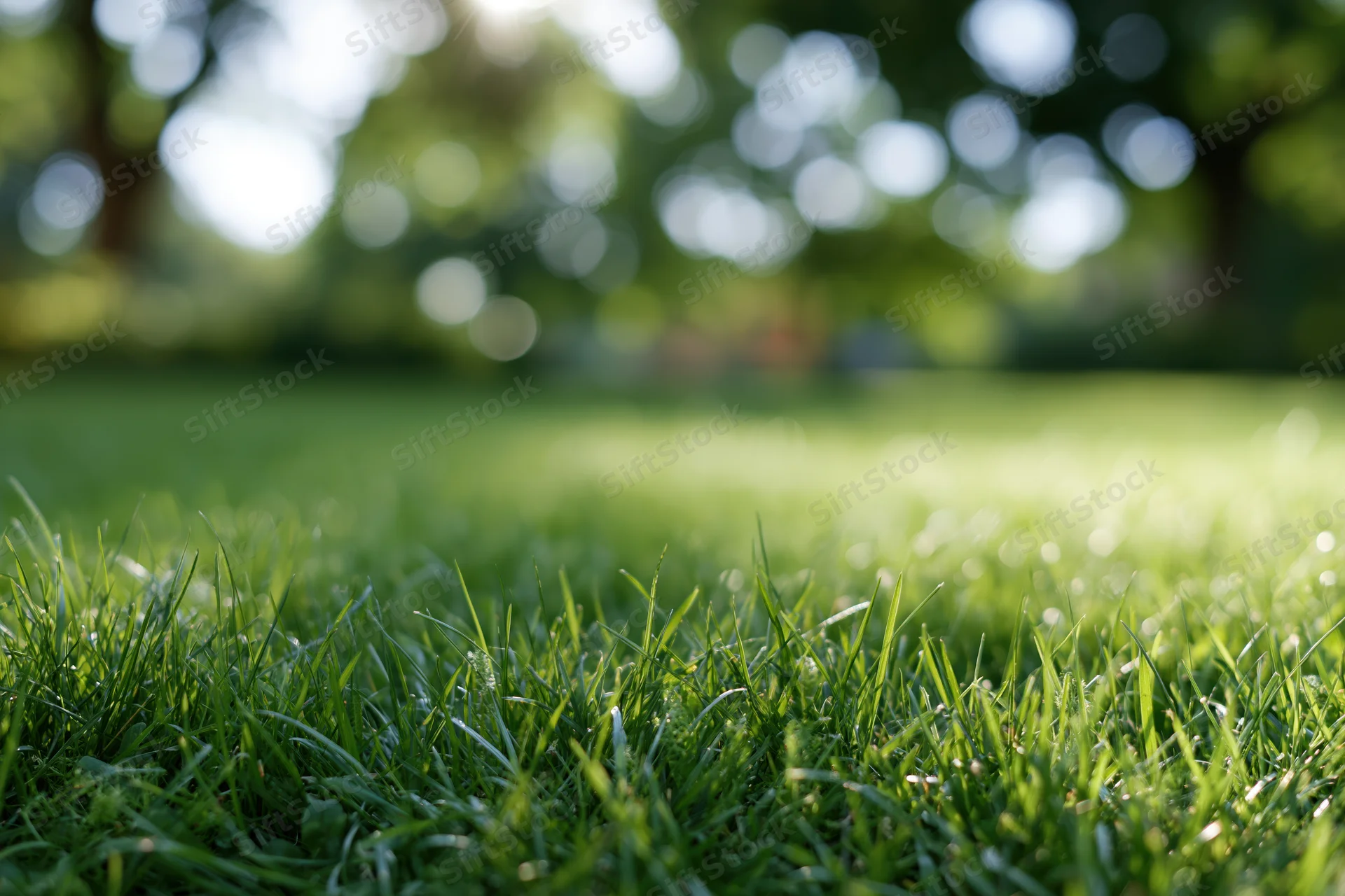 Close-up low-angle view of lush green grass lawn in a sunlit garden with blurred trees in the background