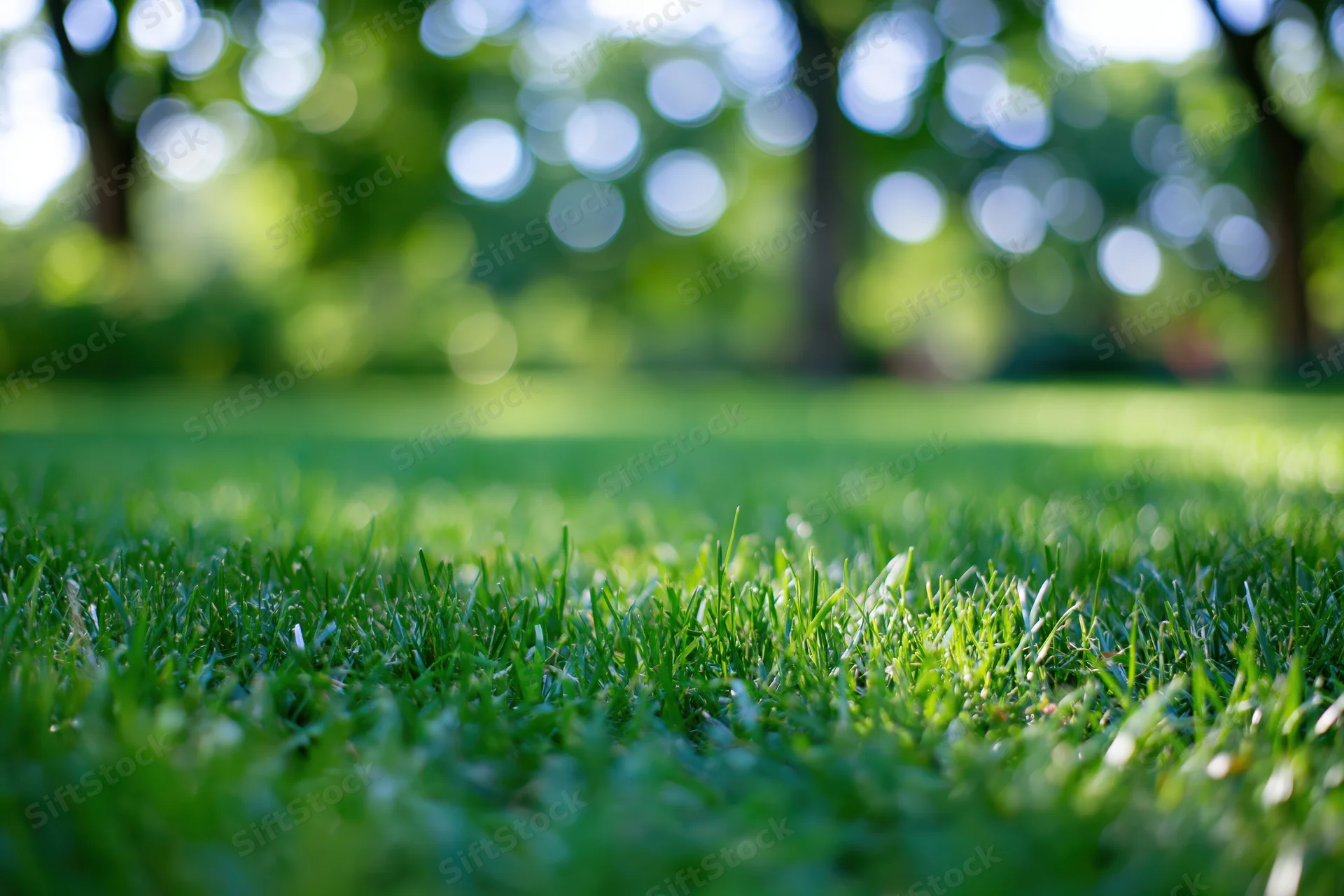 Close-up low-angle view of lush green grass in a sunlit park with blurred trees in the background