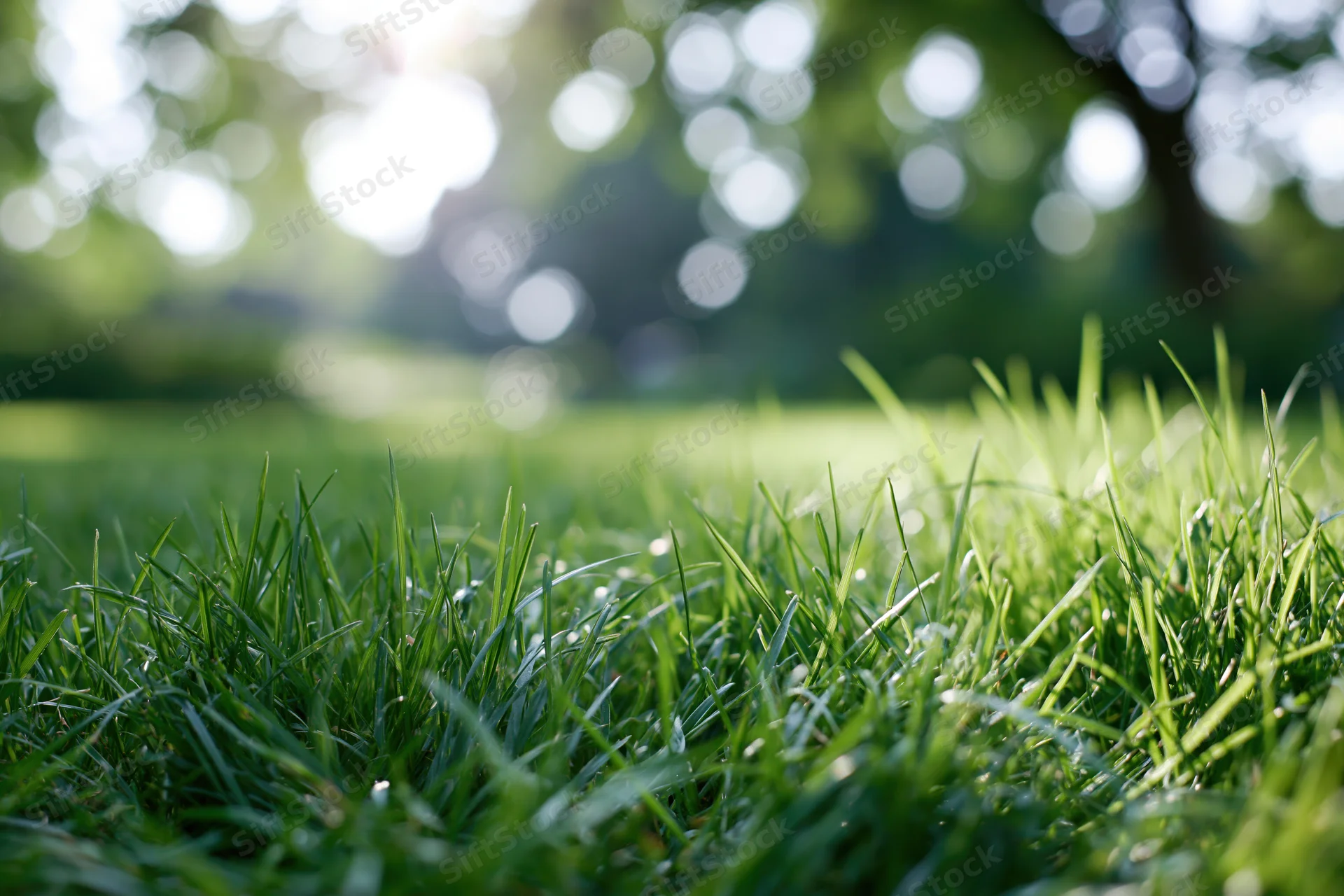 Close-up low-angle view of lush green grass blades in a sunlit lawn with blurred trees in the background