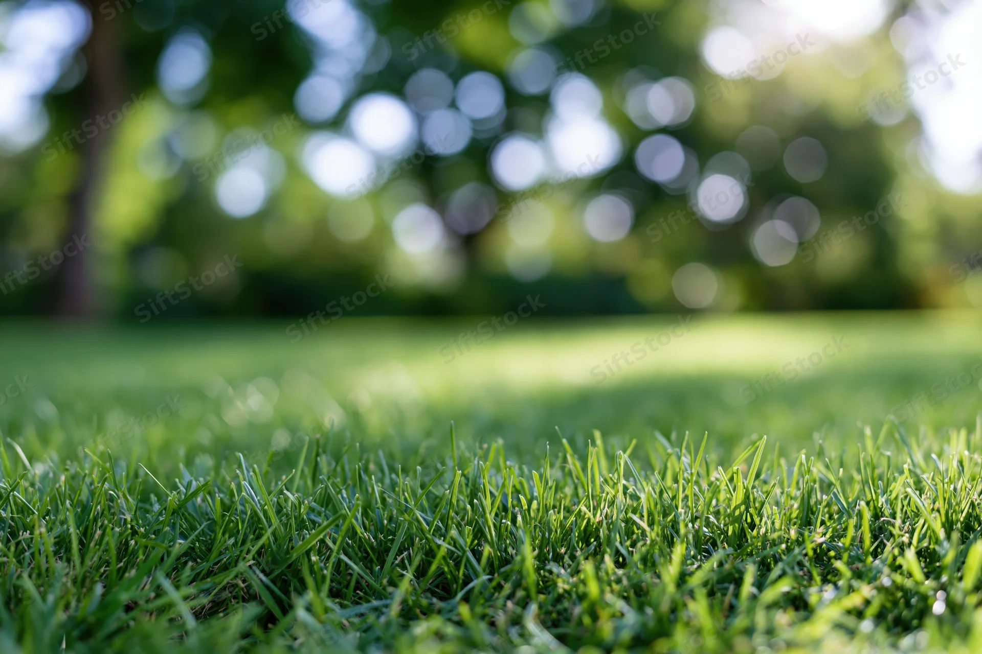 Close-up low-angle view of lush green grass lawn with blurred trees and sky in background