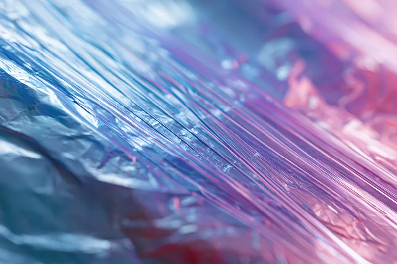 Crinkled metallic foil with iridescent sheen in blue and purple hues