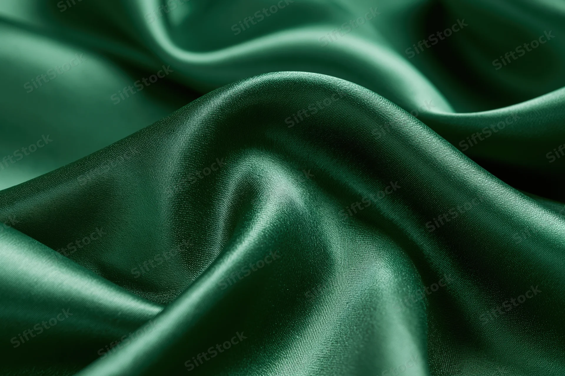 Draped emerald green satin fabric with soft folds and glossy texture filling the frame