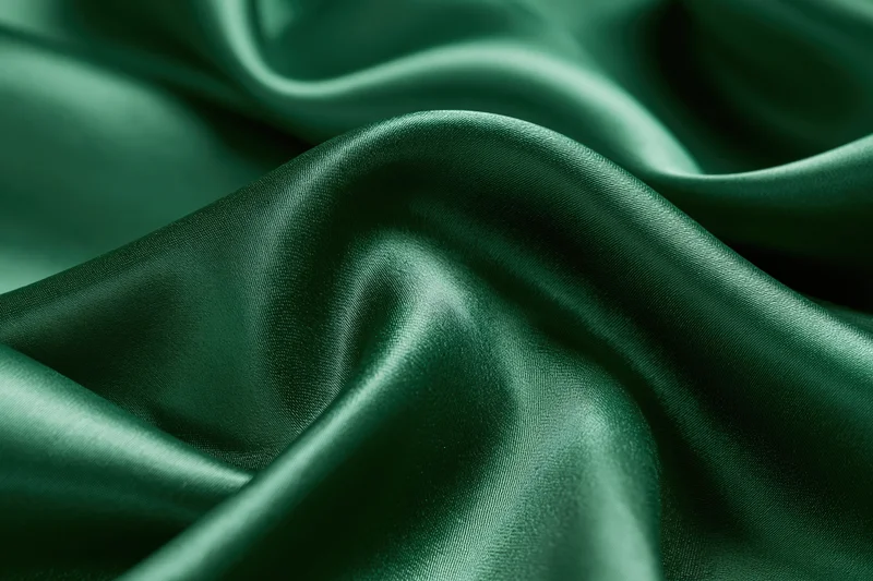 Draped emerald green satin fabric with soft folds and glossy texture filling the frame