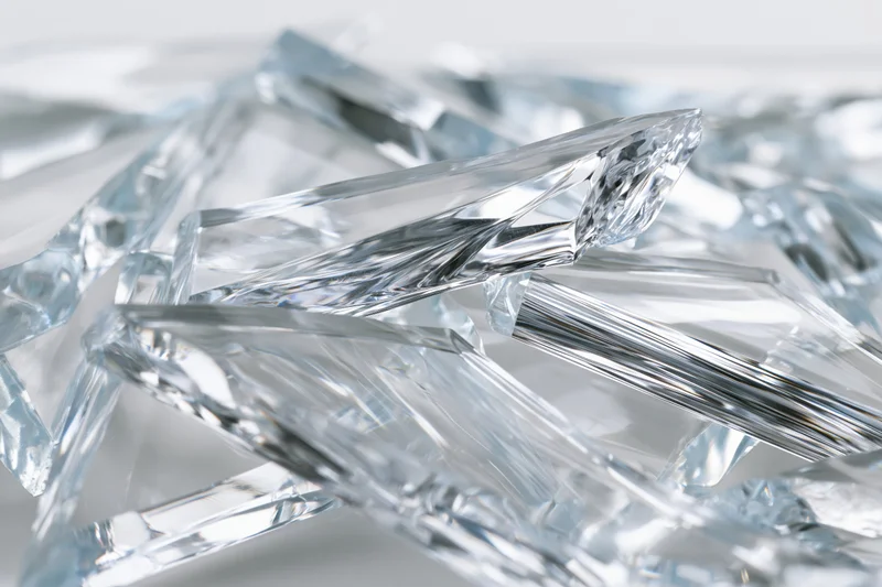 Fractured glass shards scattered in close-up macro view on white surface
